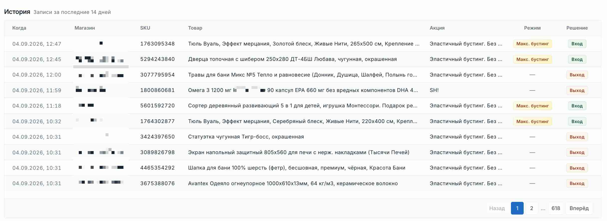 Журнал автоматических входов и выходов из акций в EcomFlow